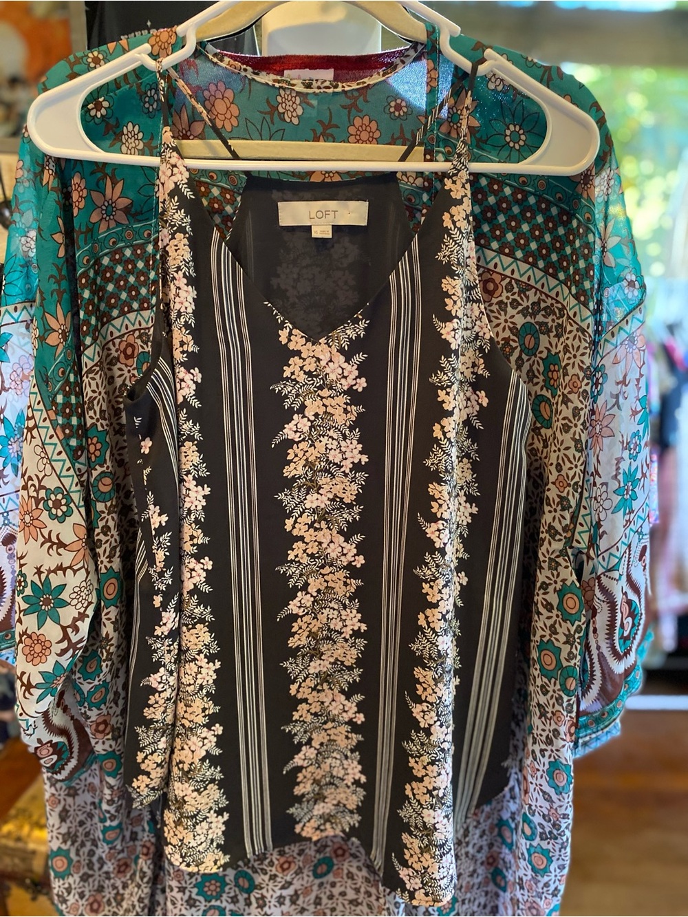 LOFT Black Floral Stripe V-Neck Camisole with Pale Pink Blooms